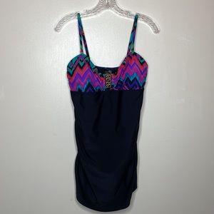 CATALINA One Piece Swimsuit Multicolored Bodice Black Skirt Overlay Modest Large